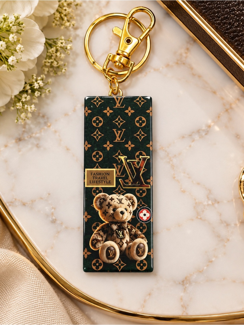 Hand-Crafted Teddy Bear Double-Sided Fashion Bag Charm Keychain – Green & Gold